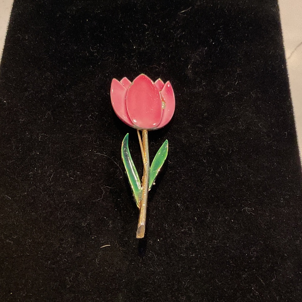 Vintage Pink Enamel Tulip Brooch marked ART
